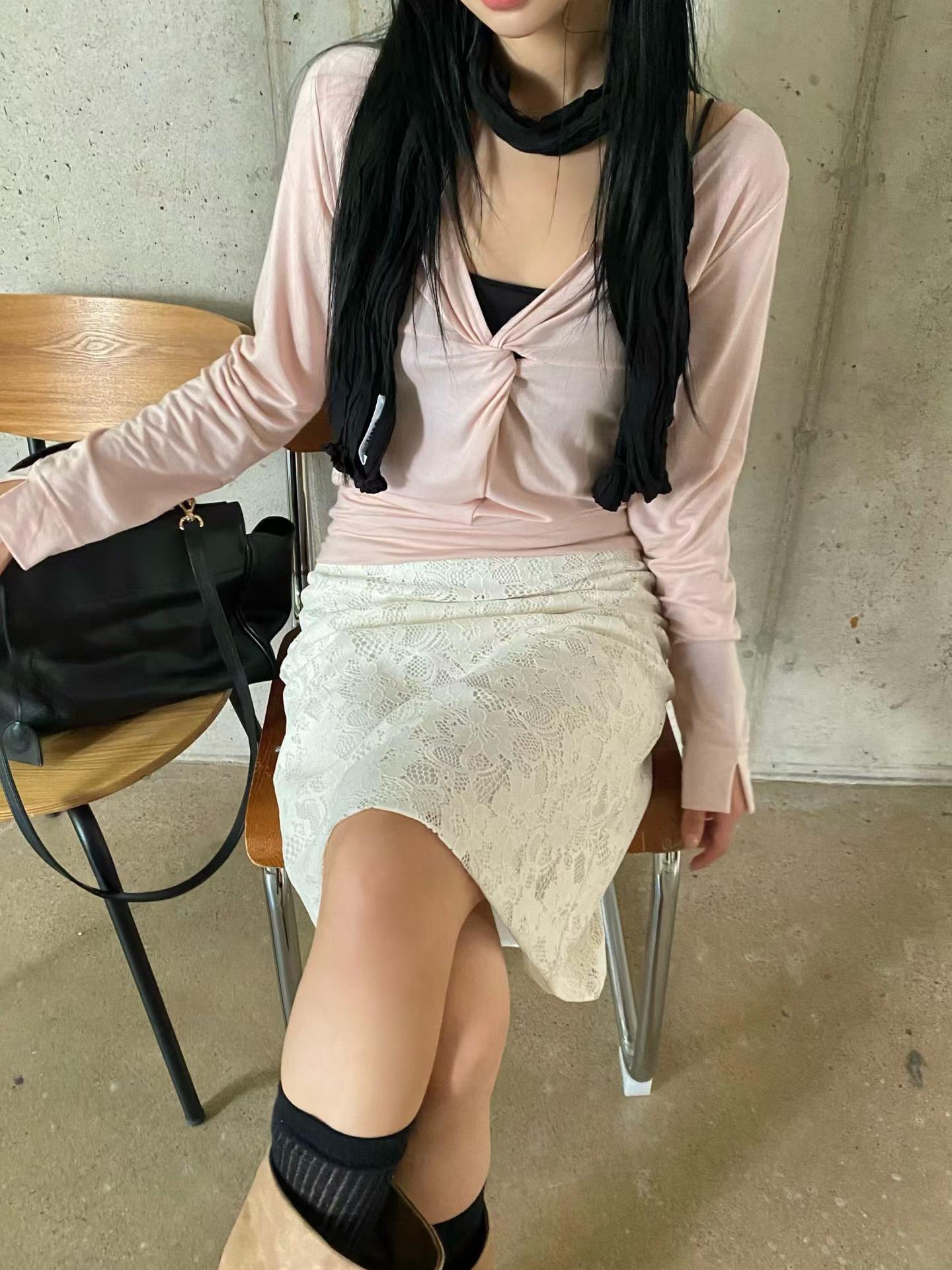 V領抓皺袖開衩棉質上衣